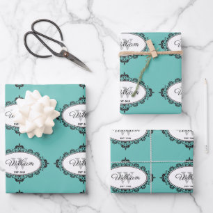 Minimalist Teal Vintage Damask Monogram Wrapping Paper Sheet