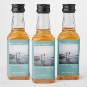Minimalist Teal Wedding Photo Love & Thanks Mini Liquor Bottle Label