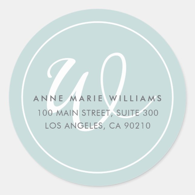 Minimalist Teal White Script Border Monogram Classic Round Sticker (Front)