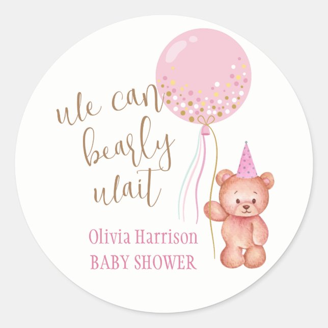 Minimalist Teddy Bear Pink Balloon Baby Shower Classic Round Sticker (Front)