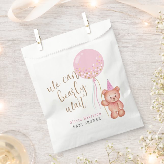 Minimalist Teddy Bear Pink Balloon Baby Shower Favour Bag (Clipped)