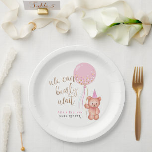 Minimalist Teddy Bear Pink Balloon Baby Shower Paper Plate