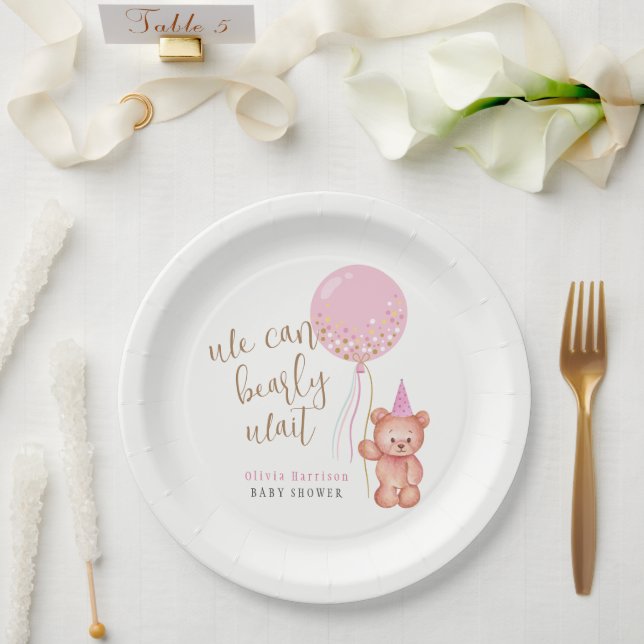 Minimalist Teddy Bear Pink Balloon Baby Shower Paper Plate (Wedding)