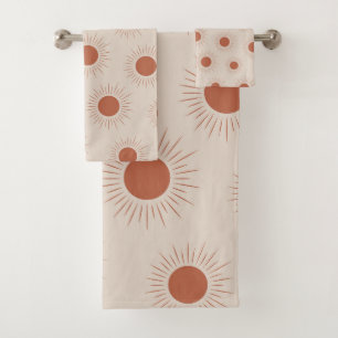 Minimalist Terracotta Abstract Boho sun pattern Bath Towel Set