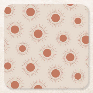 Minimalist Terracotta Abstract Boho sun pattern Square Paper Coaster