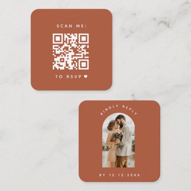 Minimalist Terracotta Arch Photo QR Code RSVP Love Enclosure Card (Front/Back)