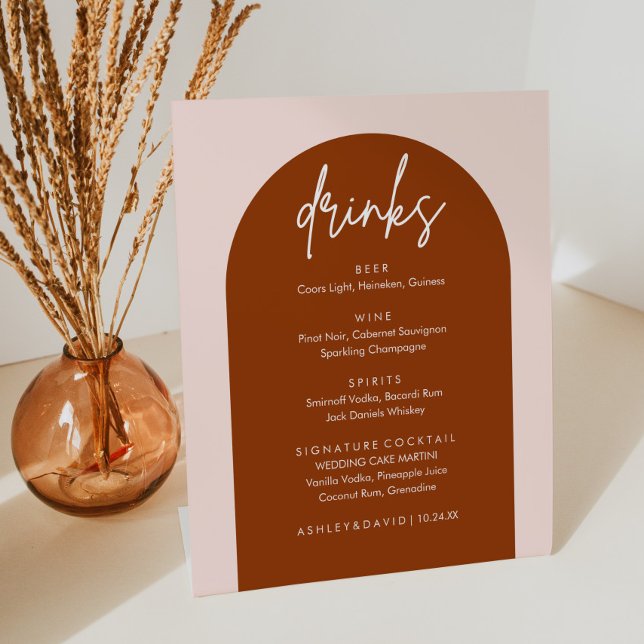 Minimalist Terracotta Arch Wedding Drinks Bar Menu Pedestal Sign (Creator Uploaded)