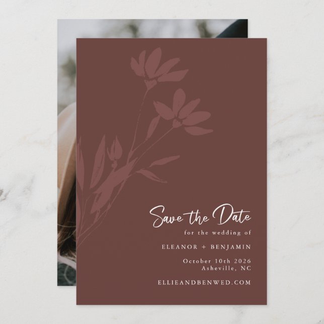 Minimalist Terracotta Boho Botanical Script Photo Save The Date (Front/Back)