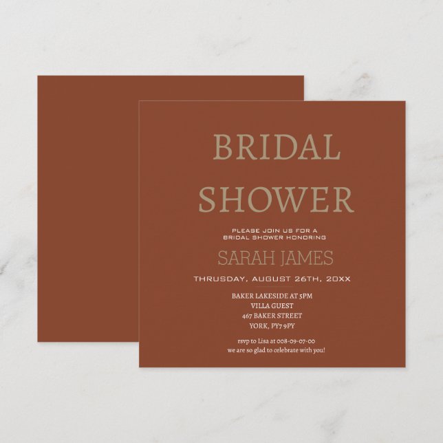 Minimalist Terracotta Bridal Shower Custom Square  Invitation (Front/Back)