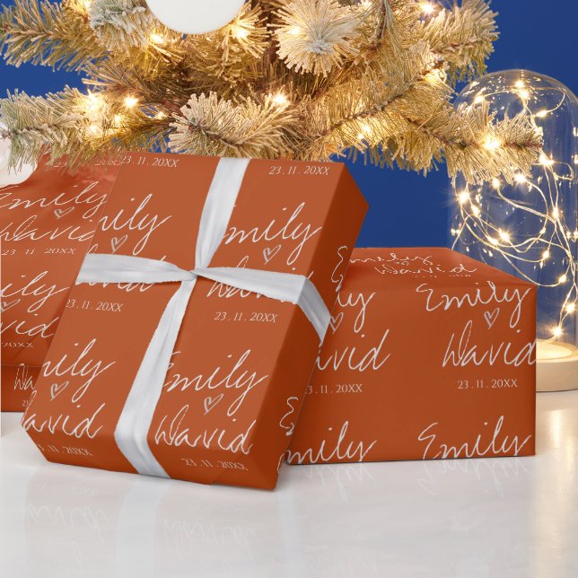 Minimalist Terracotta Bride & Groom Names Wedding Wrapping Paper (Holidays)