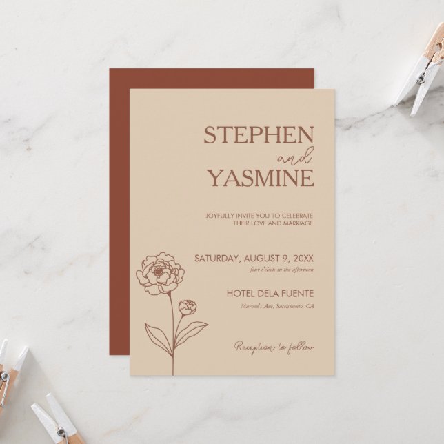 Minimalist Terracotta Burnt Orange Boho Wedding Invitation (Front/Back In Situ)
