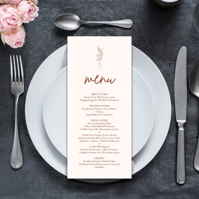 Minimalist Terracotta Burnt Orange Boho Wedding Menu (Minimalist terracotta boho wedding menu adds warm elegance and a personalized touch to tables)