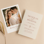 Minimalist Terracotta Burnt Orange Wedding Photo Invitation<br><div class="desc">Minimalist Terracotta Burnt Orange Wedding Photo Invitation. Easily personalize by replacing each info. Please upload a vertical/portrait photo. Make sure to check the preview before adding to cart. (Sample Photo by Jonathan Borba from Pexels)</div>