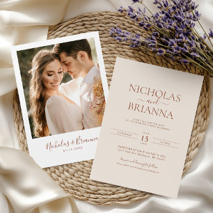 Minimalist Terracotta Burnt Orange Wedding Photo Invitation