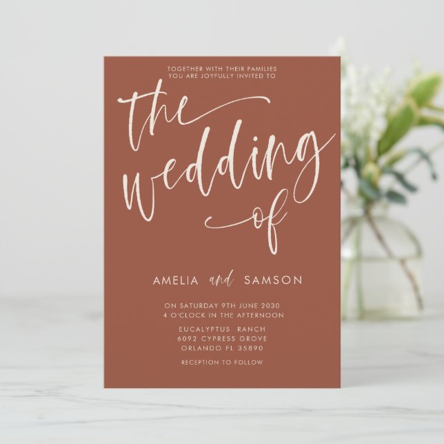 Minimalist Terracotta Calligraphy Wedding of  Invitation (Standing Front)