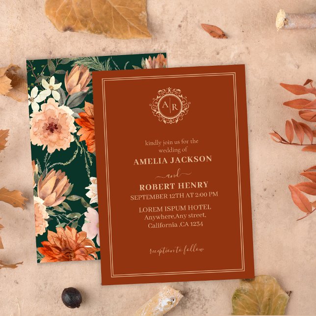 Minimalist terracotta floral rustic  fall wedding invitation (Creator Uploaded)