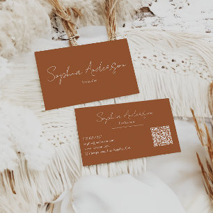 Minimalist Terracotta Modern Script Qr Code Business Card