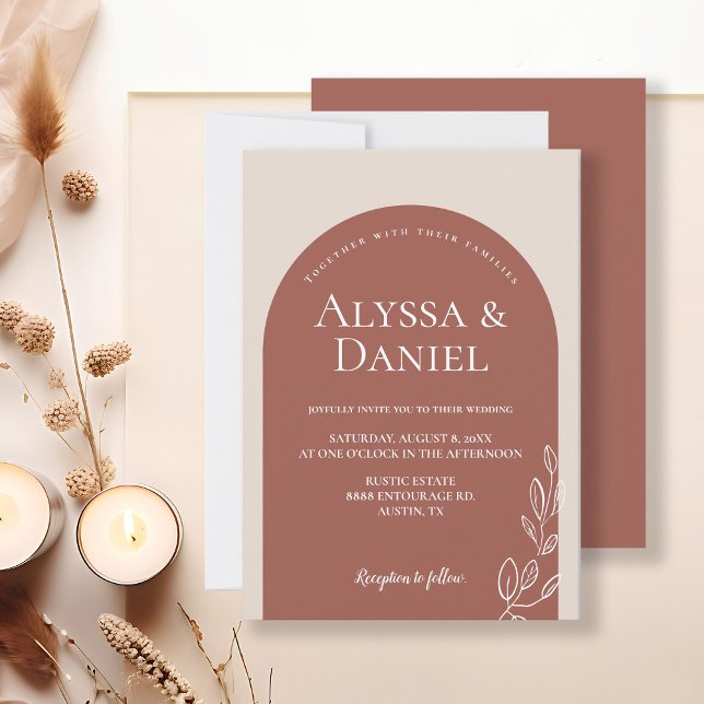 Minimalist Terracotta Orange Floral arch wedding Invitation (Terracotta Floral wedding minimalist arch wedding invitation design.)