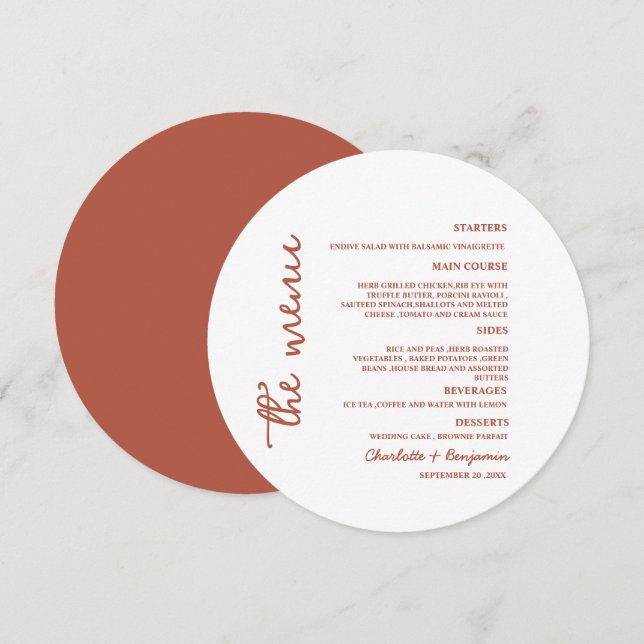 Minimalist Terracotta Round Wedding Menu (Front/Back)