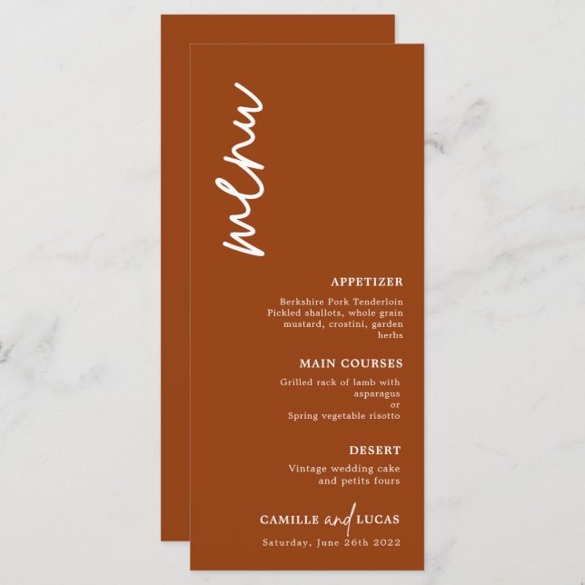 Minimalist Terracotta Rust Wedding  Menu (Front/Back)