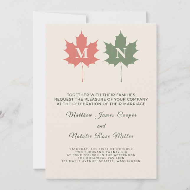 Minimalist Terracotta Sage Maple Leaf Wedding Invitation (Front)