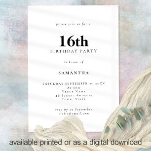 Minimalist Text Any Colour 16th Birthday Party Invitation