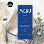 Minimalist Text Blue Wedding Menu card<br><div class="desc">Minimalist Text mid Blue Wedding Menu card. Available digitally and printed. Easily personalize the text to your own details which includes alternatives for your vegan or vegetarian options. You can change if you wish to any colours of your choice to match your wedding theme.</div>
