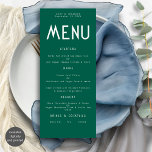 Minimalist Text Emerald Wedding Menu card<br><div class="desc">Minimalist Text Emerald Green Wedding Menu card. Available digitally and printed. Easily personalize the text to your own details which includes alternatives for your vegan or vegetarian options. You can change if you wish to any colours of your choice to match your wedding theme.</div>