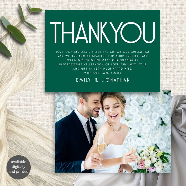 Minimalist Text Emerald Wedding Thank You Card (Front and back view)