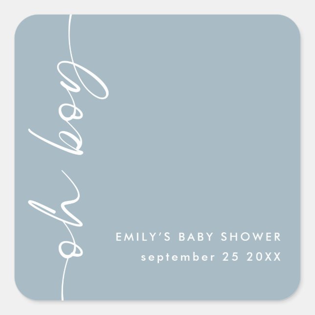 Minimalist Text Name Oh Boy Dusty Blue Baby Shower Square Sticker (Front)