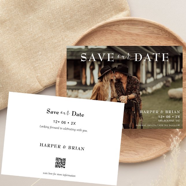 Minimalist Text Photo Wedding Save The Date Card (Minimalist Photo Save The Date Card, Wedding, Couples Photo, QR,  Modern Minimalist Save Our Date)