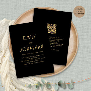 Minimalist Text QR Code Gold Black Wedding  Invitation