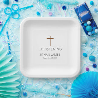Minimalist Text Simple Cross Christening Paper Plate