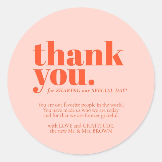 Minimalist Thank You elegant Orange Pink Classic Round Sticker (Front)