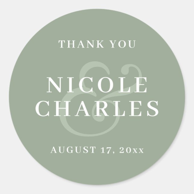 Minimalist Thank You Green Wedding Favour Classic Round Sticker (Front)
