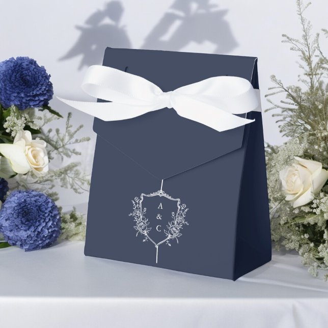 Minimalist Thank You Wedding  Navy Blue Favour Favor Box (beautiful navy blue wedding  favor box with a white crest with initials )