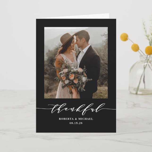 Minimalist Thankful Script Wedding Folded Thank You Card (Front)