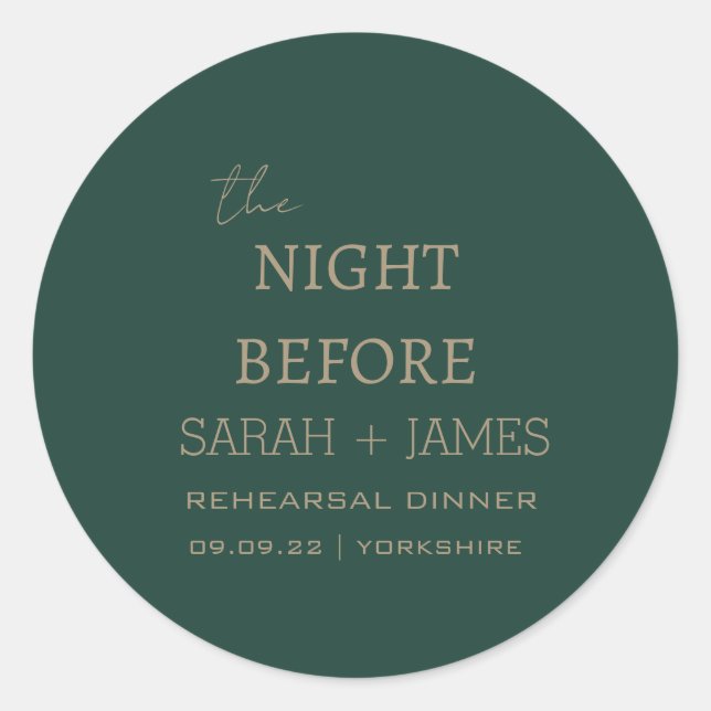 Minimalist the Night Before Emerald Green Wedding Classic Round Sticker (Front)
