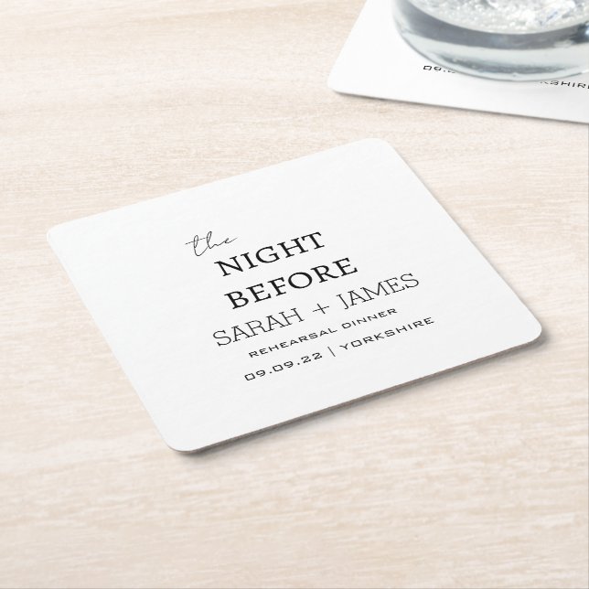 Minimalist The Night Before Rehearsal Dinner Party Square Paper Coaster (Angled)