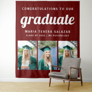 Minimalist Three Photo Graduation Tapestry Maroon