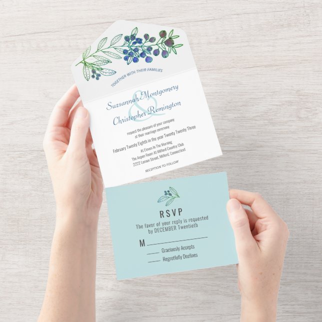 Minimalist Top Blue Border Berry Leaf Wedding All In One Invitation (Tearaway)