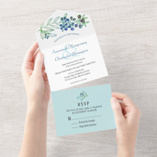 Minimalist Top Blue Border Berry Leaf Wedding All In One Invitation