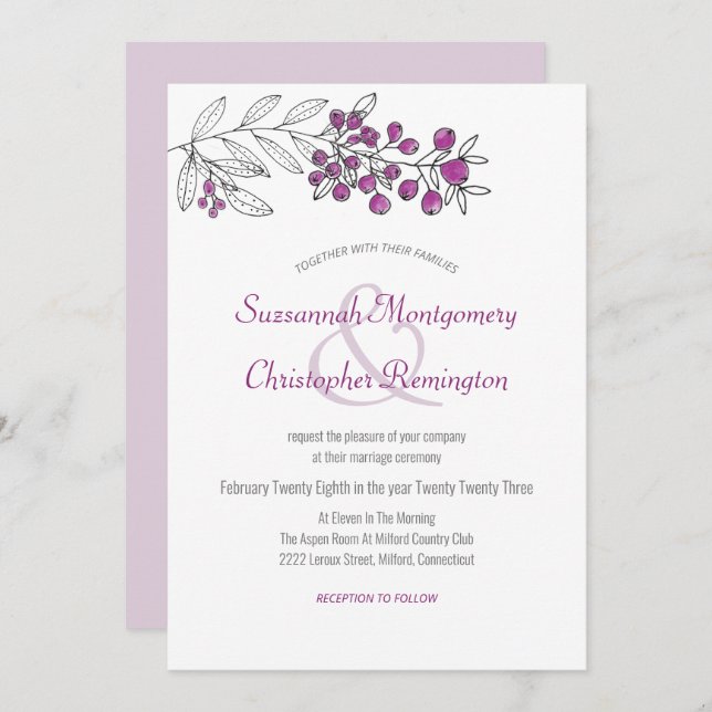 Minimalist Top Border Berry Leaf Wedding Invitation (Front/Back)
