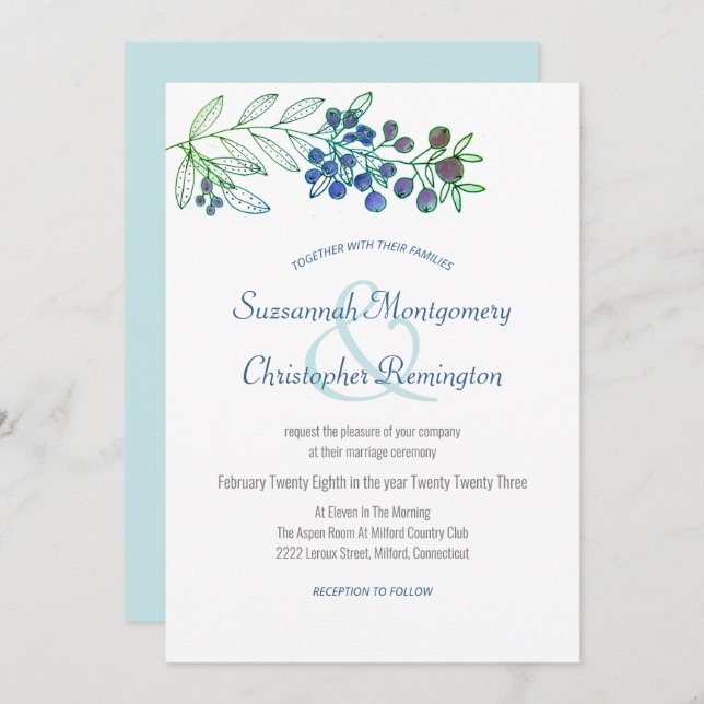 Minimalist Top Border Berry Leaf Wedding Invitation (Front/Back)