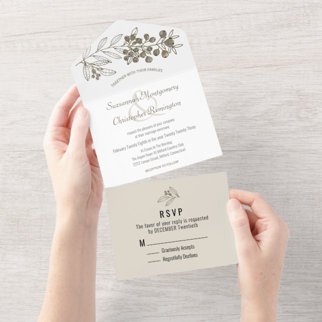 Minimalist Top Brown Border Berry Leaf Wedding All In One Invitation (Tearaway)