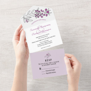 Minimalist Top Purple  Border Berry Leaf Wedding All In One Invitation