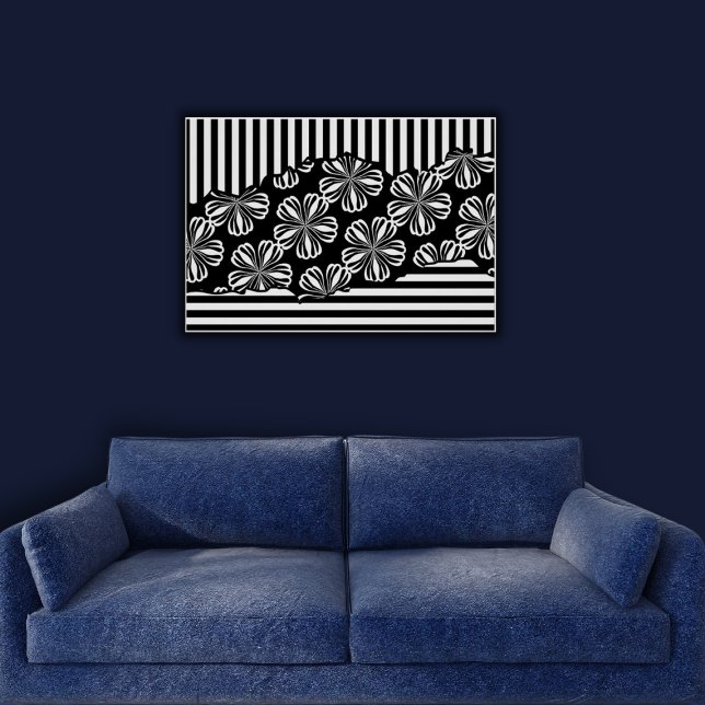 Minimalist Torn Black & White Floral Stripes  Poster (Minimalist Torn Black & White Floral Stripes Poster)