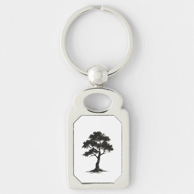 Minimalist Tree – Ink Brush Nature Illustration on Keychain (Front)