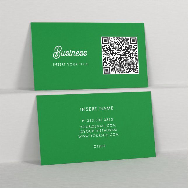 Minimalist Trendy Elegant QR Code Kelly Green Business Card (Front and Back)