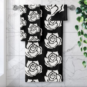 Minimalist Tribal Rose Black Abstract White Floral Bath Towel Set